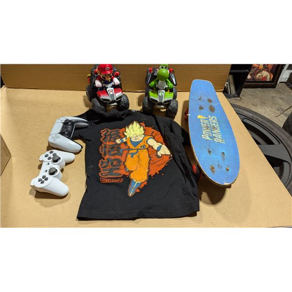 Power Rangers Penny Board, 2 Video Game Controllers, Yoshi & Mario Vehicles, & Dragonball Z Shirt