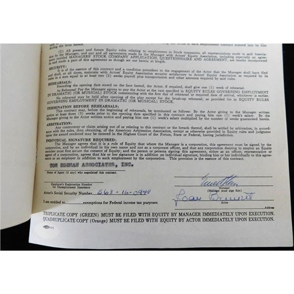 Never Too Late Joan Bennett Signed Typed Never Too Late Contract JSA Authenticated