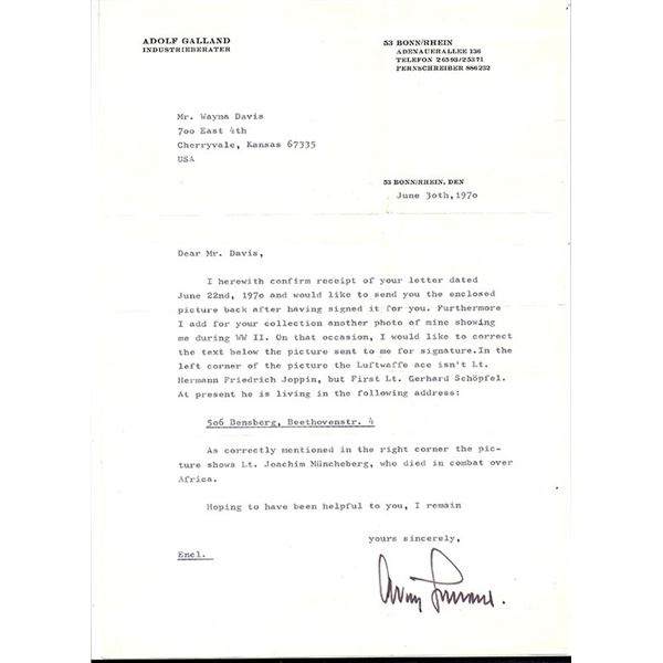 Nazi Fighter Commander Adolf Galland Signed Letter