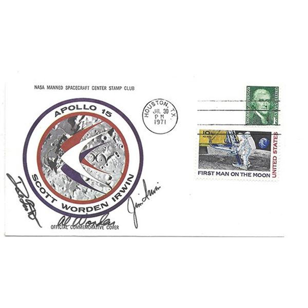 Astronaut Jim Irwin, Al Worden and Dave Scott signed space cover
