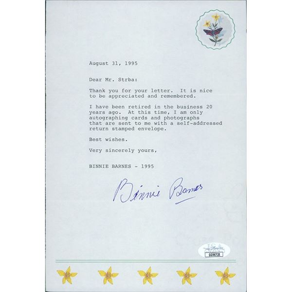 The Last Of The Mohicans Binnie Barnes Actress Signed 6x9 Request Letter Page JSA Authenticated
