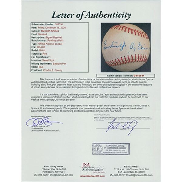 Brooklyn Doidgers Burleigh Grimes Pirates Signed National League Baseball JSA Authenticated