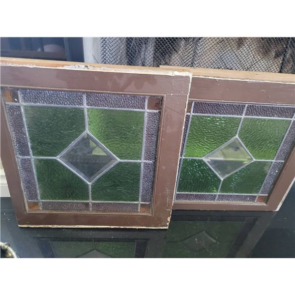 Antique Square Stained Glass Window Panels with Green Diamond Motifs