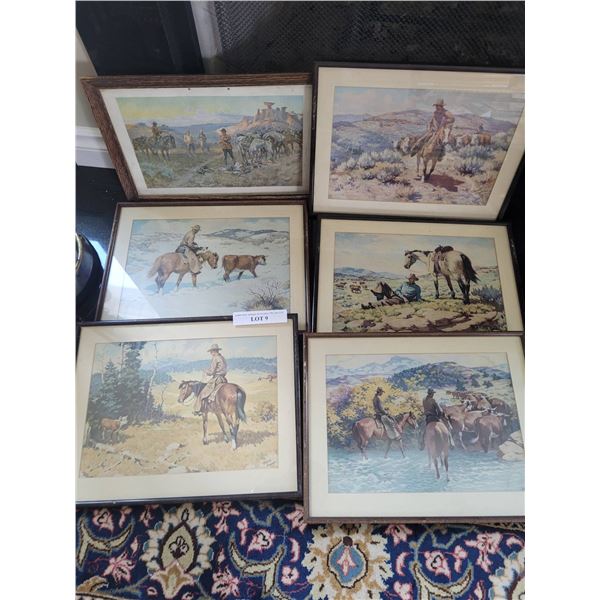 Six Western Cowboy Prints by Harold Bryant, Framed