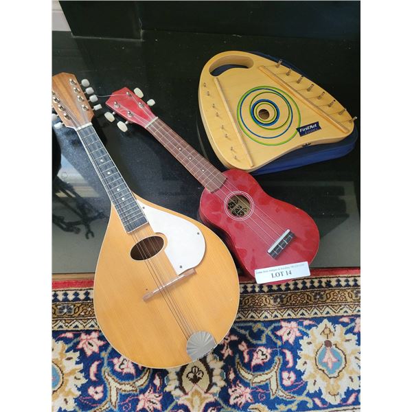 3 Stringed Musical Instruments: Mandolin, Concert Ukulele, and First Act Zither