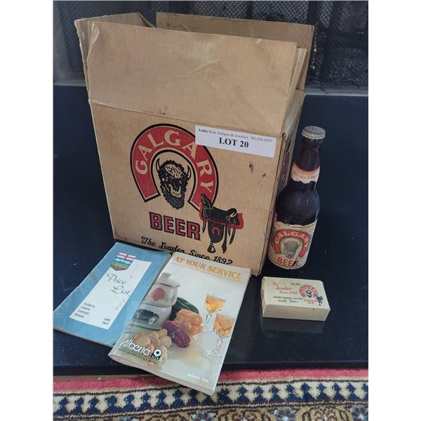 Calgary Beer Case with Empty Bottles, One Full Bottle, and Vintage Matches