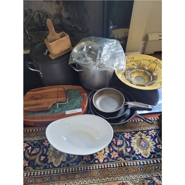 Kitchen Lot with Cookware, Cheese Board Set, and Decorative Bowls