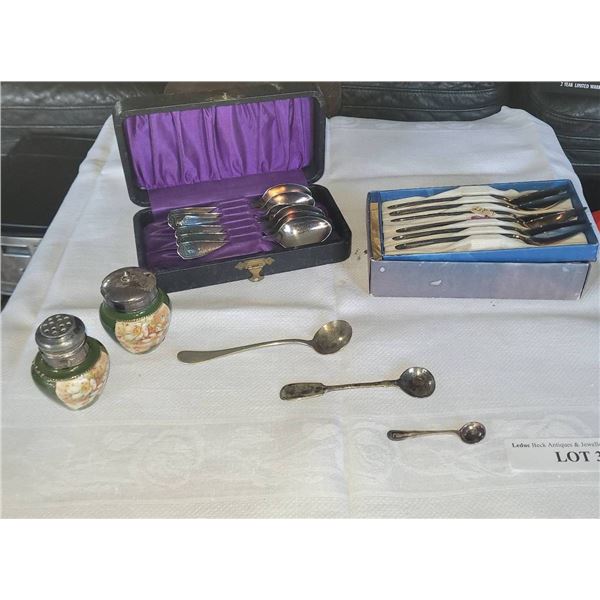 Silver-Plated Decor, Including Spoons, Salt Shakers, and Display Boxes