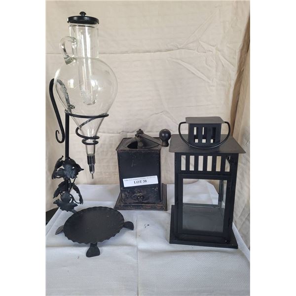 Black Wrought Iron and Glass Decor Items, Including Lantern and Coffee Mill