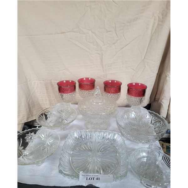 Cut Glass Tableware Set with Ruby Red Glasses and Bowls