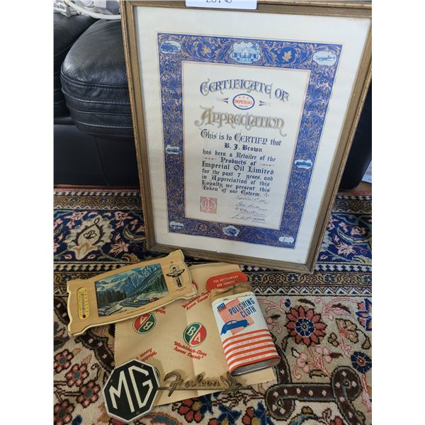 Vintage Gas and Oil Decor Set Featuring Framed Certificate, Polishing Cloth, and Accessories