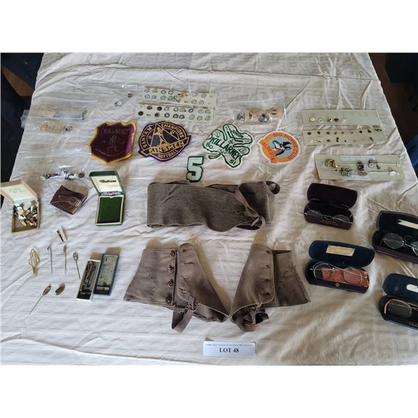 Collectibles Including Vintage Eyewear, Military Spats, Pins, Patches, and Buttons
