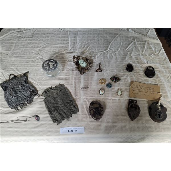 Decorative Accessories Including Mesh Purses, Glass Bowl, Clock, Jewelry, and Vintage Locks