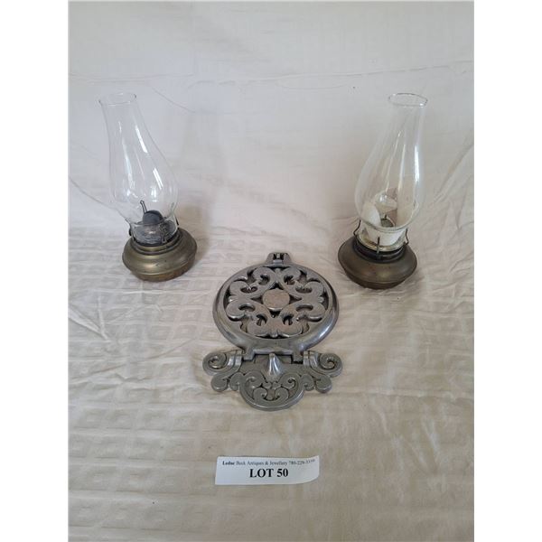Oil Lamps with Glass Chimneys and Decorative Metal Mount
