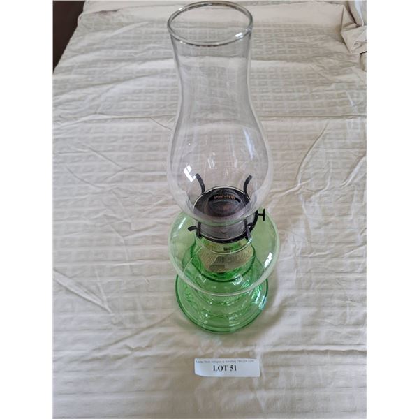 Green Glass Oil Lamp with Clear Chimney and Embossed Base