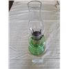 Image 1 : Green Glass Oil Lamp with Clear Chimney and Embossed Base