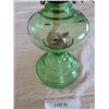 Image 2 : Green Glass Oil Lamp with Clear Chimney and Embossed Base