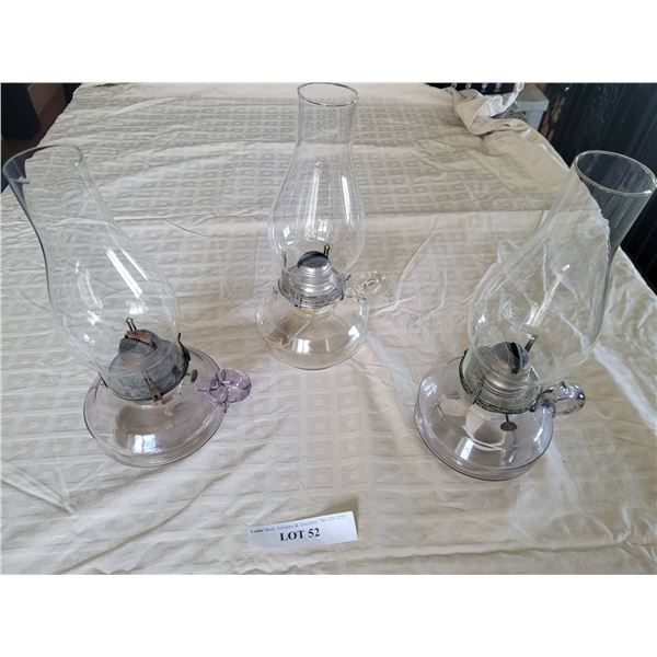 Three Glass Oil Lamps with Chimneys