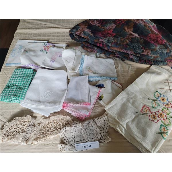 Textiles and Embroidered Pieces, Including Large Round Floral Tablecloth