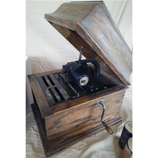 Edison Blue Amberol Record Player with Boxed Lot of Amberol Records