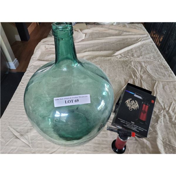Large Green Glass Jug with Special Blue Fury Torch