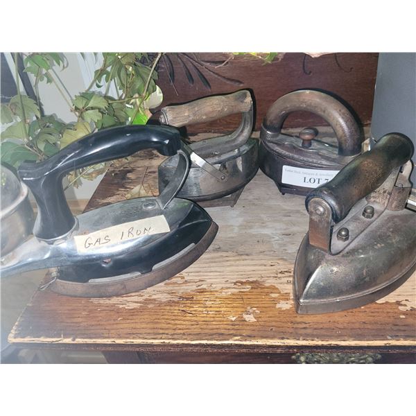 4 Vintage Cast Iron Irons with Wood and Metal Handles