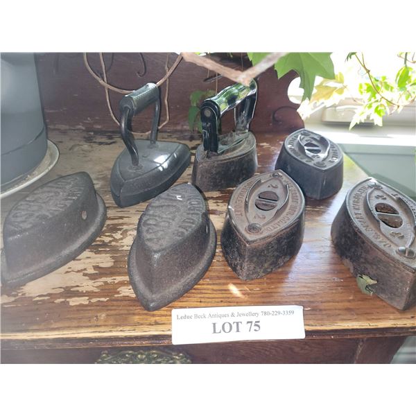 7 Vintage Cast Iron Clothes Irons with Assorted Handles