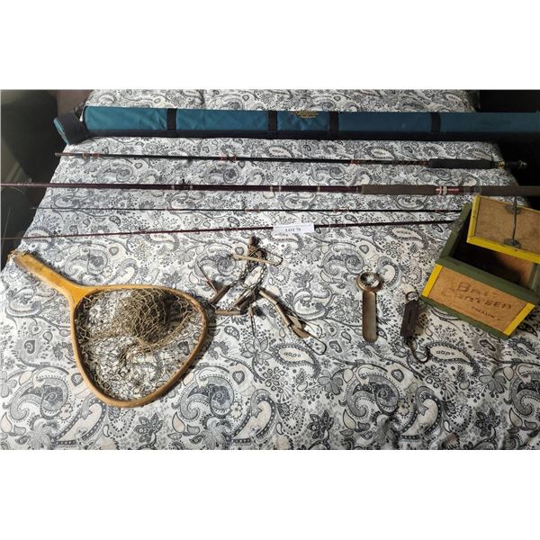 Fishing Gear Including Rods, Net, and Bait Box