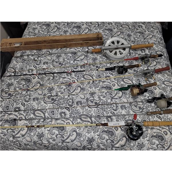 Vintage Fishing Rods With Reels, Wooden Case, and Accessories