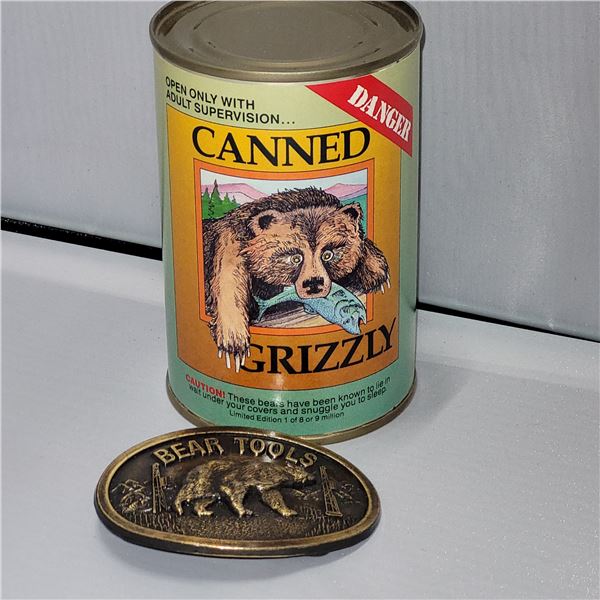 Canned Grizzly Bear and Bear Belt Buckle