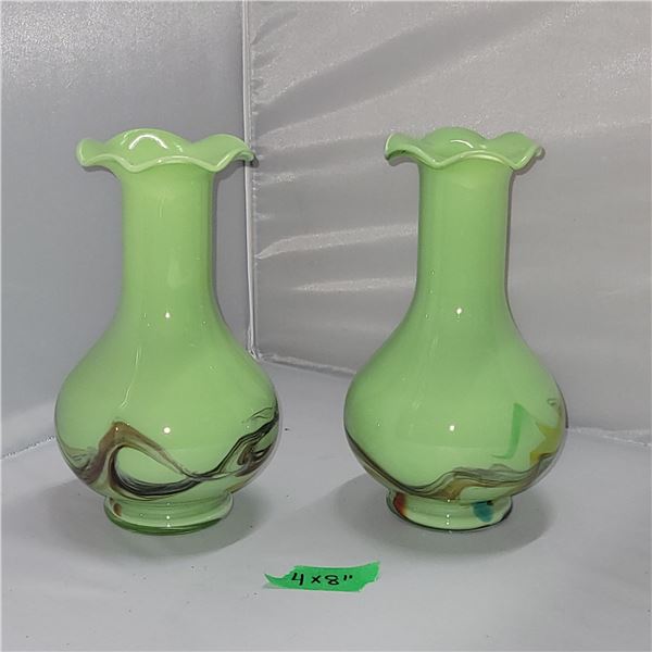 Pair of Green Chinese Snowflake Vases or Dalian Glass Co