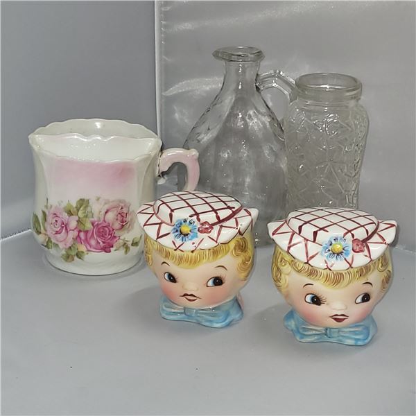 Lot of Vtg Salt and Pepper Shakers, Creamer, Pressed Glass Small Vases Pitcher