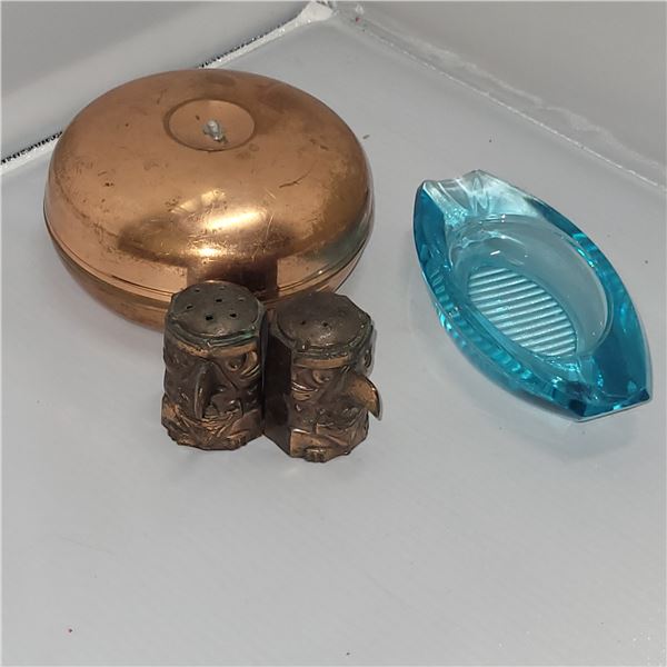 Sopuvenir Metal Haida Salt and Pepper Shakers, Blue Glass Ashtray & Covered Brass Ashtray