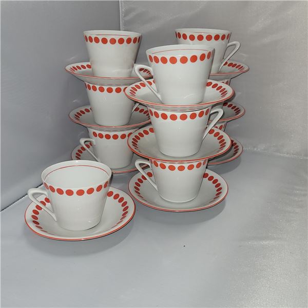 Serving for 10 Teacup and Saucer Set Red Polka Dot Made in Hungary