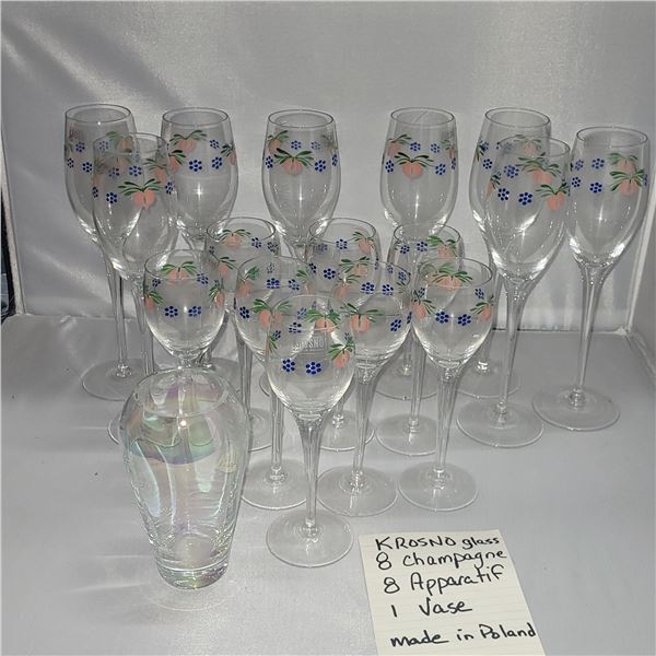 Large Krosno Glass Set + Aurora Borelis Small Glass Vase
