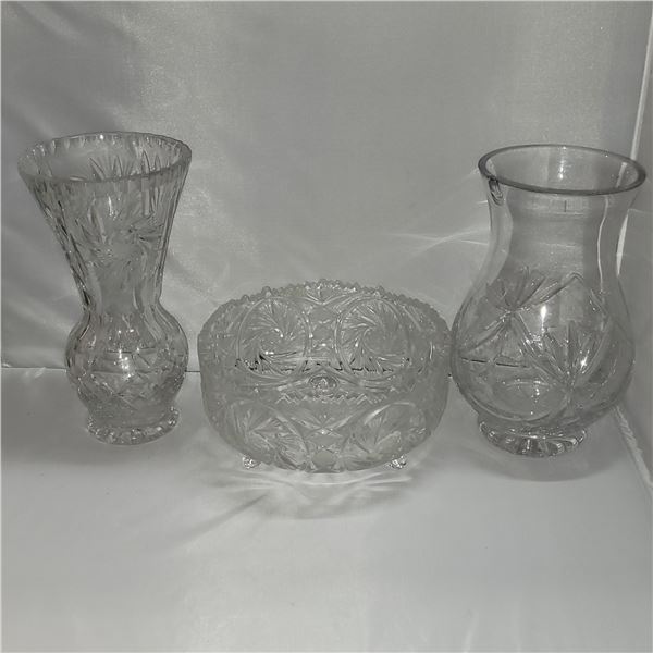 1 Crystal Vase and Bowl and 1 Pressed Glass Vase