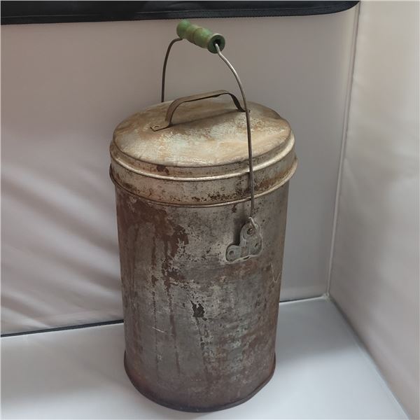 Vintage Galvanized Tall Bucket with Lid with Wooden Handle