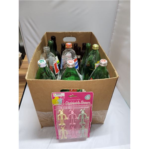 Box of Vintage Glass Bottle & Bendable Bunnies