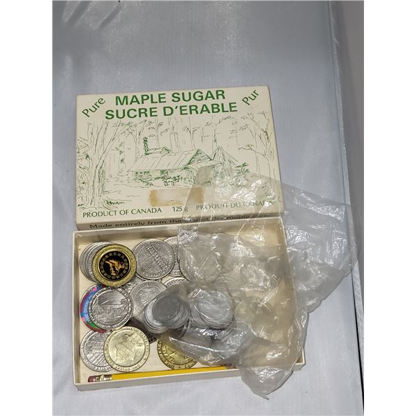 Maple Sugar Box Filled w/ Gaming Token & Old Chilean Coins
