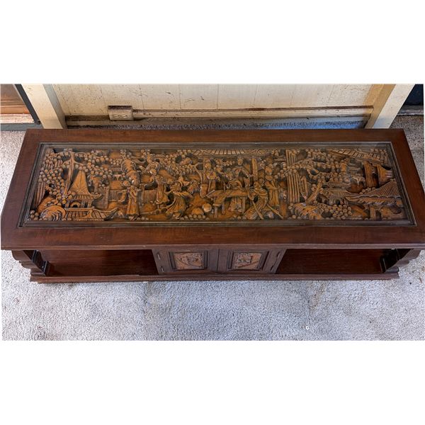 Wooden Coffee Table w/ Carved Top & 2-Door Cabinet 60" x 20" x 17"H