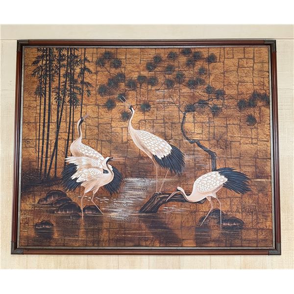 Large Cranes on the River Artwork by B. Joseph 63" x 51", Framed