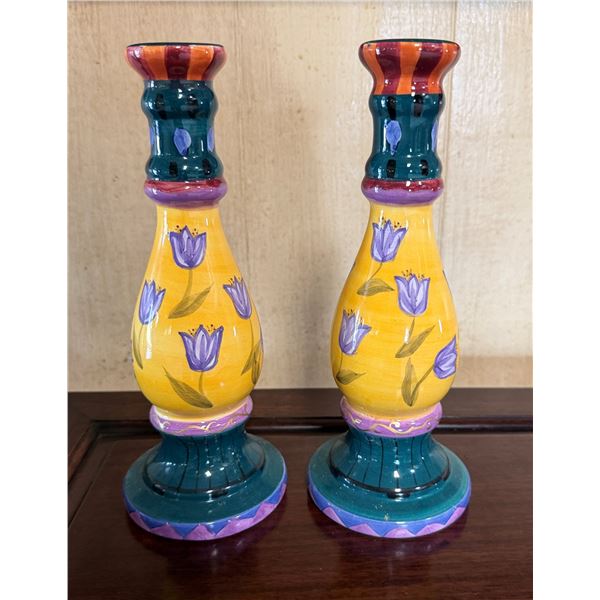 Qty 2 Ceramic Candlestick Holders Hand Painted by Milson & Louis 4" Dia, 10"H