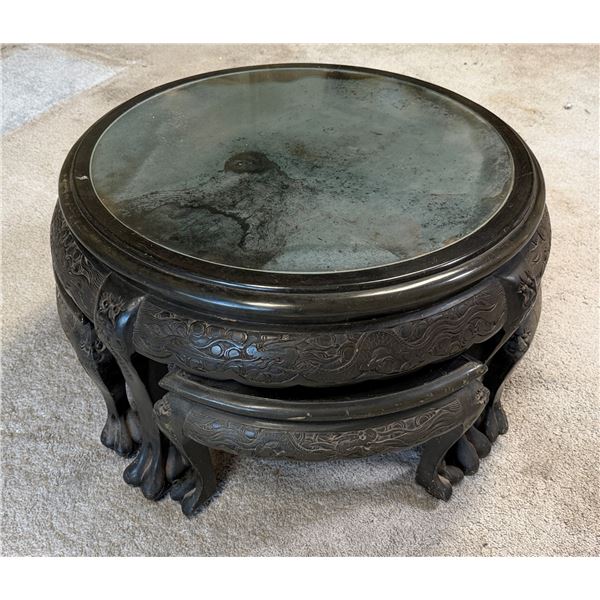 Carved Round Tea Table Set w/ 4 Matching Nesting Stools 30" Dia, 19"H