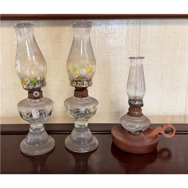 Qty 3 Vintage Floral Glass Kerosene Oil Lamps, Misc Sizes