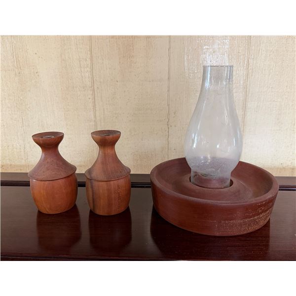 Wooden Hurricane Lamp & 2 Candle Holders, Misc Sizes