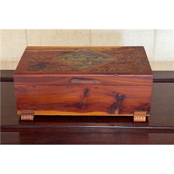 Carved Wooden Box w/ Hinged Lid 11" x 6" x 4"H