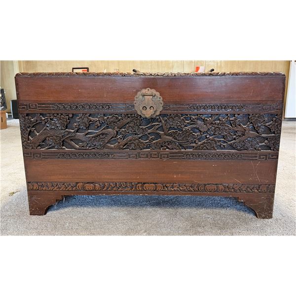 Carved Wooden Chest w/ Hinged Lid Made in Hong Kong 40" x 21" x 23"H