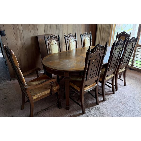 Oval Wooden Dining Table w/ Leaf Extension 80" x 44" x 30"H  & 8 Chairs 18" x 45"H