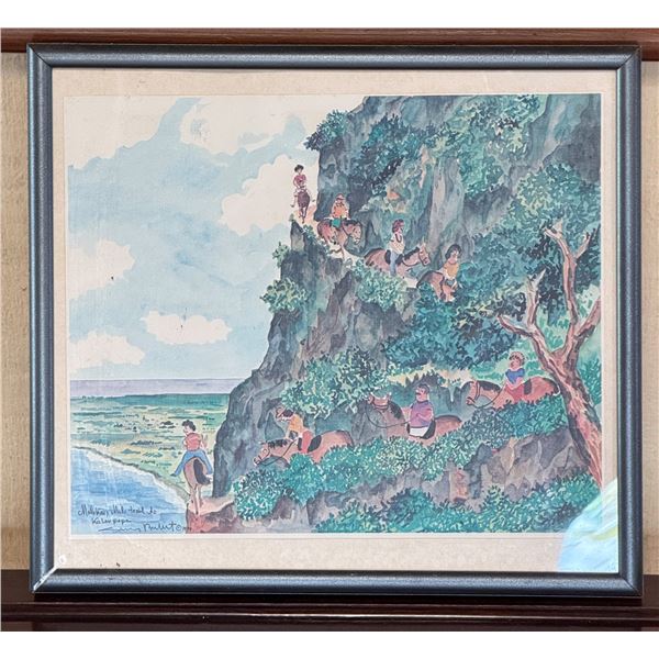 Molokai Mule Trail to Kalaupapa Artwork by Guy Buffet (?) 15.5" x 15", Framed