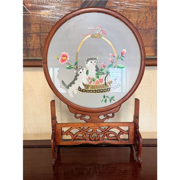 Cats in a Basket Wooden Floral Table Screen 15" Dia, 21.5"H